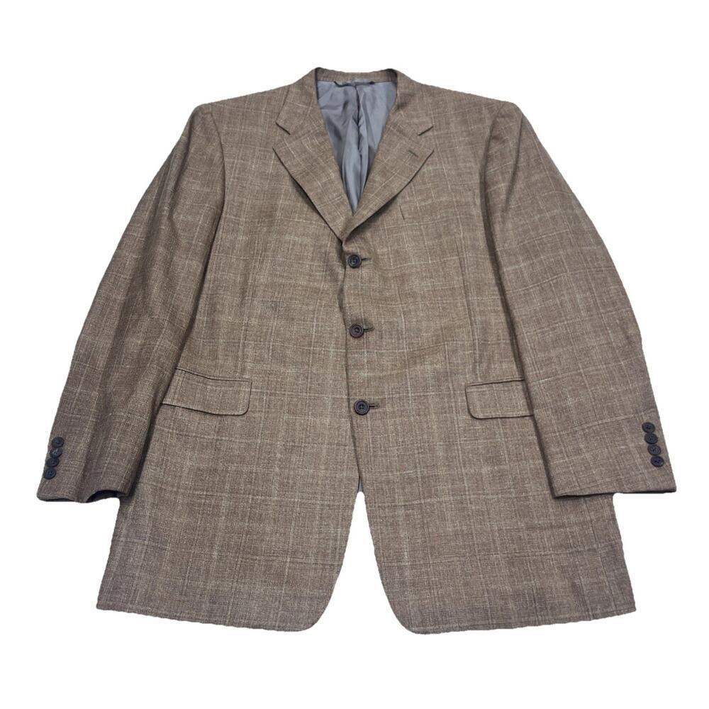 Hickey Freeman Mens Silk Linen Wool Plaid Blazer 44L Brown Sport Coat Jacket